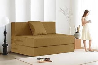 Rosebell Foldable One Person Jute Sofa Cum Bed Golden Color | Compact & Lightweight | Removable Washable Cover + Cushion | 3x6 Ft Size | Great for Guests at Home or Office
