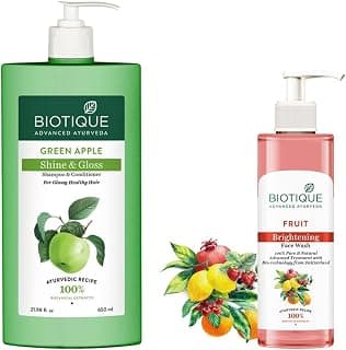 Biotique Green Apple Shine & Gloss Shampoo & Conditioner For Glossy Healthy Hair, 650ml & Biotique Fruit Brightning Face Wash, 200ml