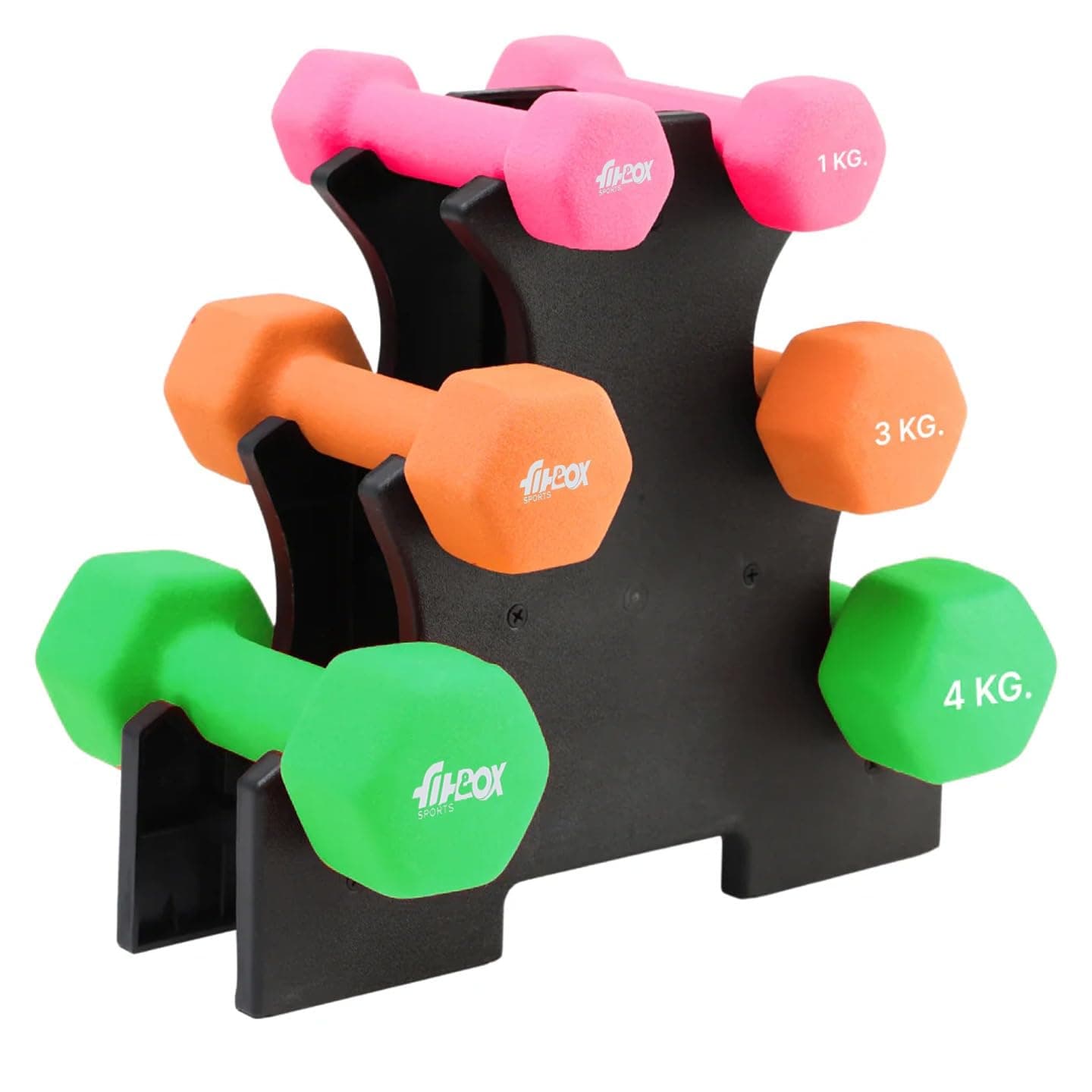 FitBox Sports Premium 12kg (Pair of 1kg, 2kg & 3kg) Neoprene Coated Cast Iron Dumbbells With Stand for Exercise & Fitness | Strength Training for Home Gym