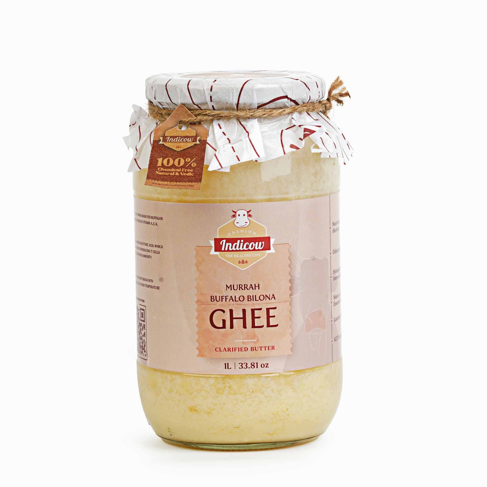 Indicow Foods Murrah Buffalo Ghee 1L Glass packaging | Grass fed Buffalo | Bilona Ghee | 100% Pure and Chemical Free(Buffalo Ghee, White) 1L packaging