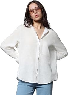 HIGH STAR Women's Classic Oversized Spread Collar Long Sleeves Cotton Casual Shirt