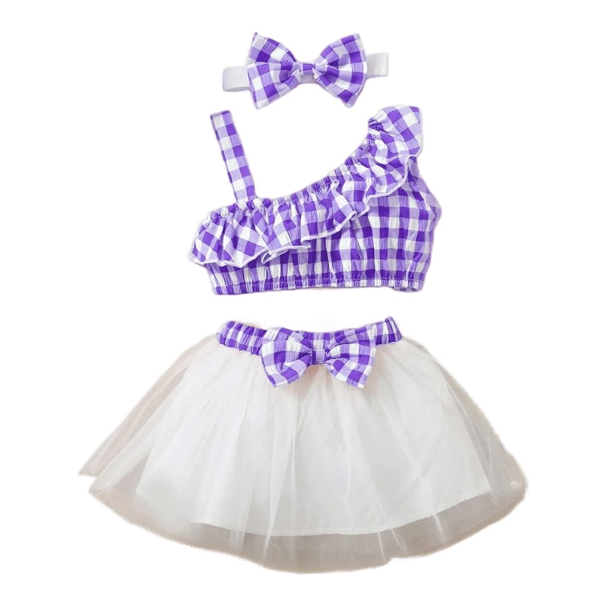 OMLI Baby Girls Check Printed One Shoulder Sleeveless Midi Top & Skirt with Bow
