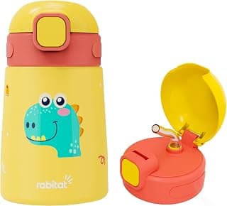 rabitat Milo Stainless Steel Water Bottle 350ml | 2 Year Brand Warranty | BPA Free | Leakproof Steel Sipper Bottle for Kids | Flip Lock Lid with Straw | Easy Carry Handle | Dino Dash