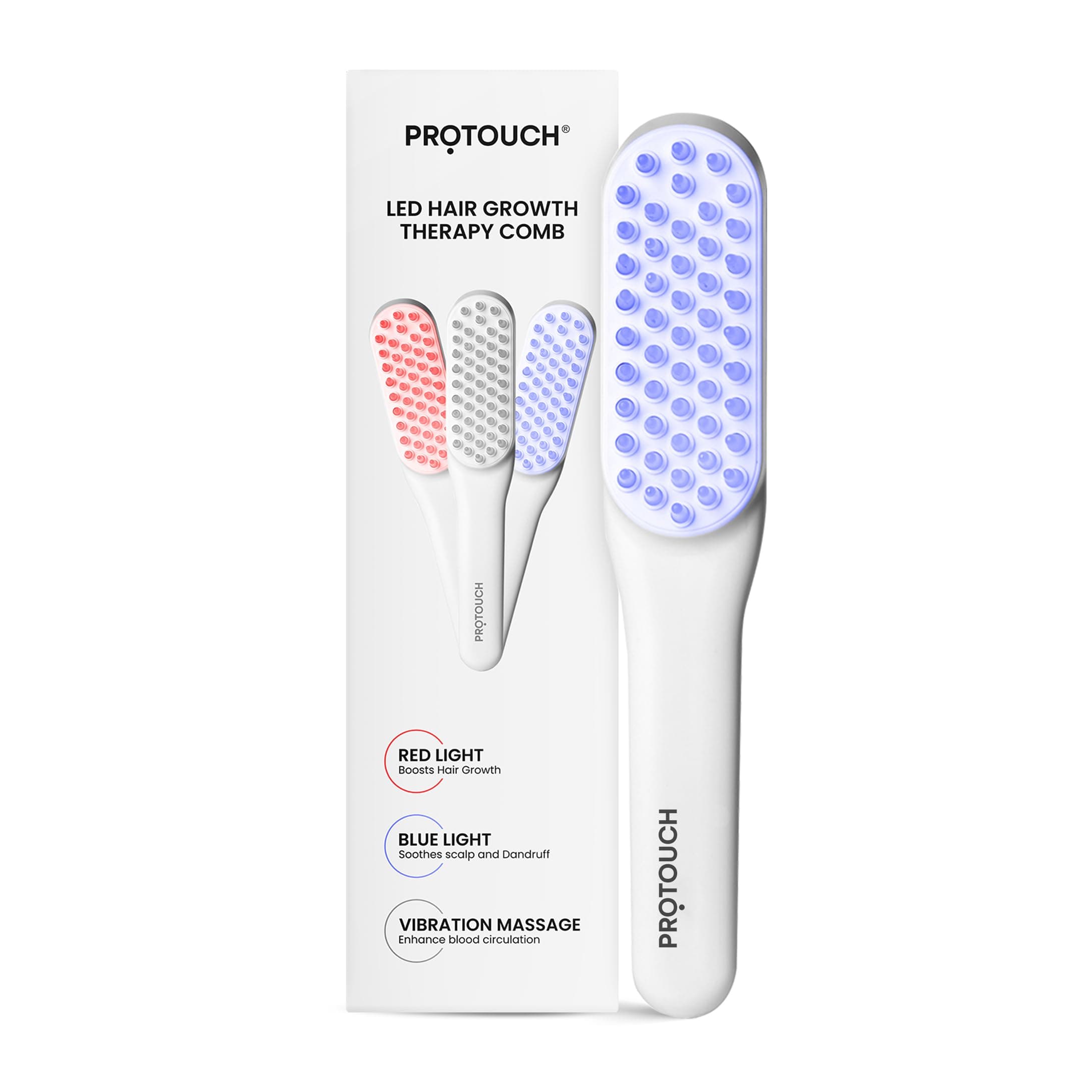 PROTOUCH LED Hair Therapy Comb with Red & Blue LED light scalp treatment & Vibration massage | Hair Fall control | Scalp Massage | Portable & Detangling | For Men & Women | All Hair Type