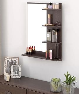 BLUEWUD Rico Mini Engineered Wood Wall Mount Dressing Table Organizer Makeup Vanity with Mirror Storage Shelves for Bedroom Home Furniture (Wenge)