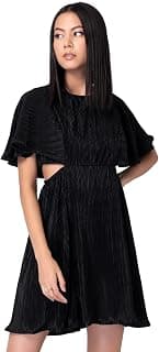 FabAlley Women's Polyester Black Pleated Waist Cut Out Dress Mini