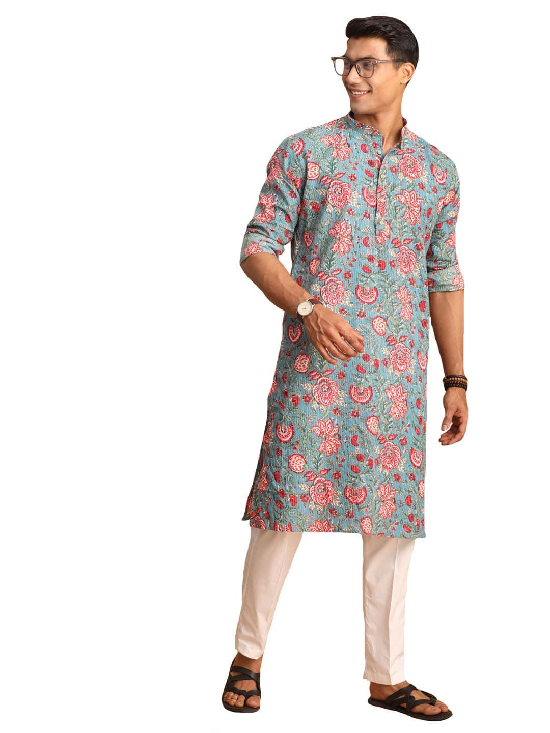 VASTRAMAY Men Aqua Kalamkari Printed Kurta Pant Set | Kantha Stitch Knee Length Kurta with Cotton Pant Style Pyjama | Ethnic Wear