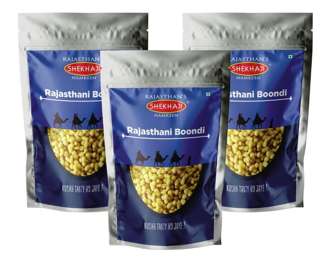 Shekhaji Boondi Plain 600gm | Rajasthani Boondi | Raita Boondi Snacks | Plain Boondi | Rajasthani Sada Boondi | Boondi Namkeen (Pack of 3, 200g each)