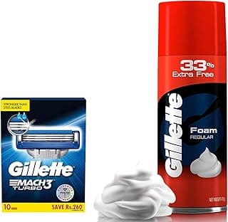 Gillette Men Mach Turbo 3 Shaving Blades- Pack of 10 (Cartridges) & Classic Regular Pre Shave Foam, 418g with 33% Extra Free