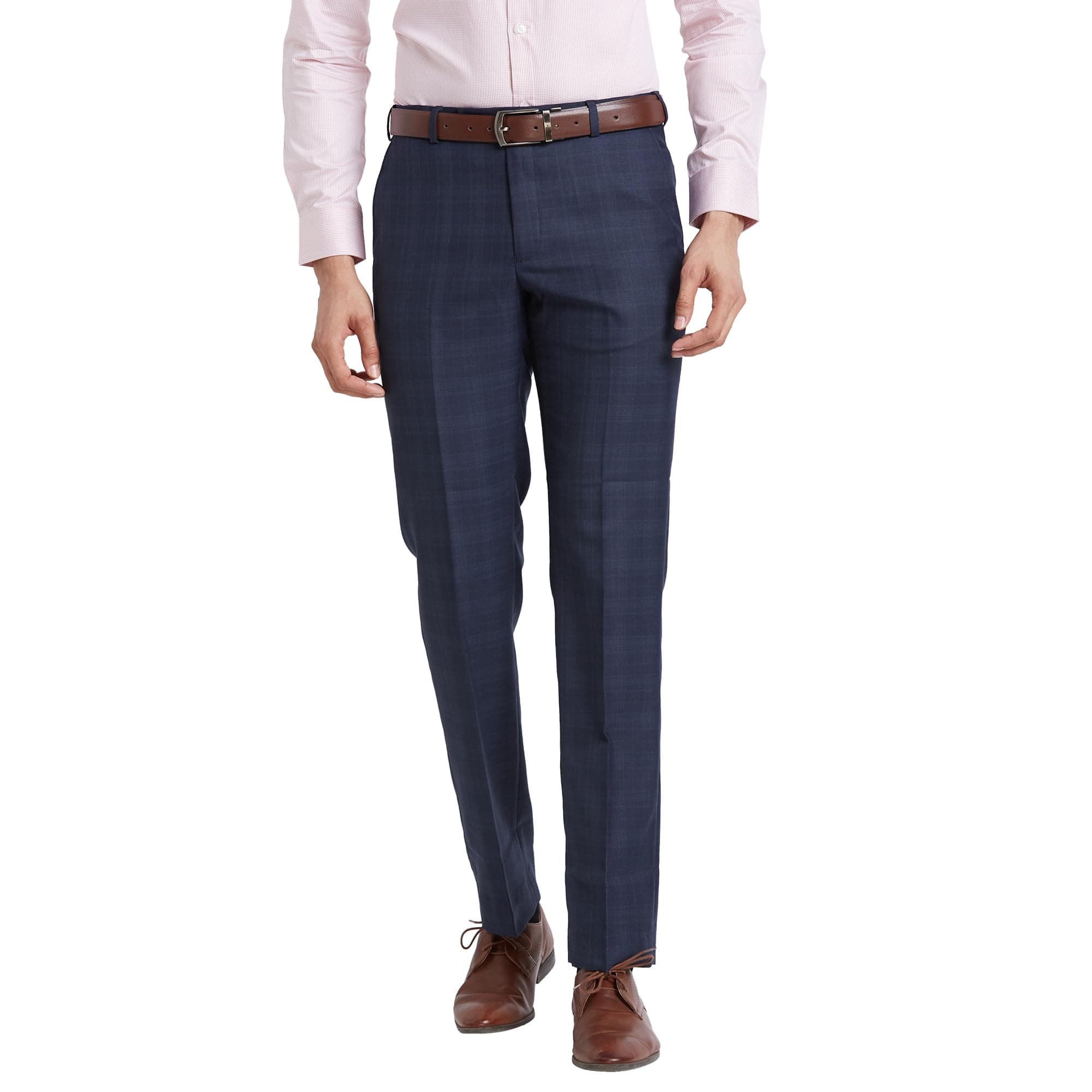 Park Avenue Men's Mid Rise Checks Pattern Smart Fit Polyester Blend Flat Front Formal Trouser