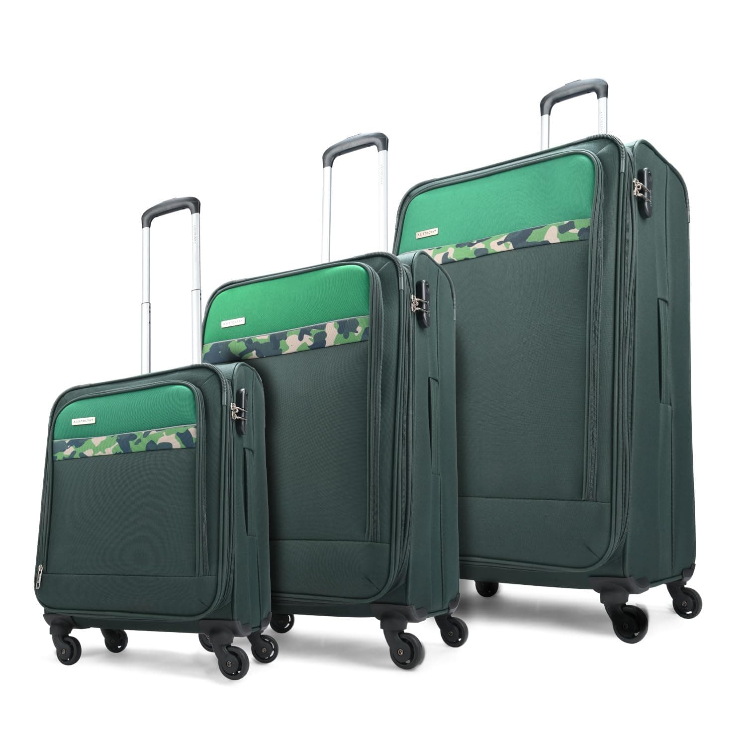 Aristocrat Commander Set of 3 Trolley Bag 55, 69 & 79cm | Small+Medium+Large | Soft Luggage | Smooth 4-Wheel Suitcase | Combination Lock | Premium Polyester Fabric with PVC Coating (Green)