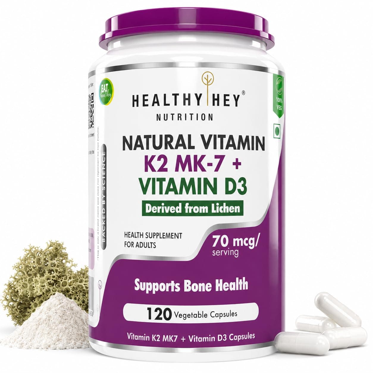 HealthyHey Nutrition Vitamin D3 K2 Supplement Capsules | D3 Derived from Natural | 100% Veg Vitamin K2 Mk7 + Vitamin D3 Capsule | Non-GMO |Non -Synthetic (120 Veg. Capsules)