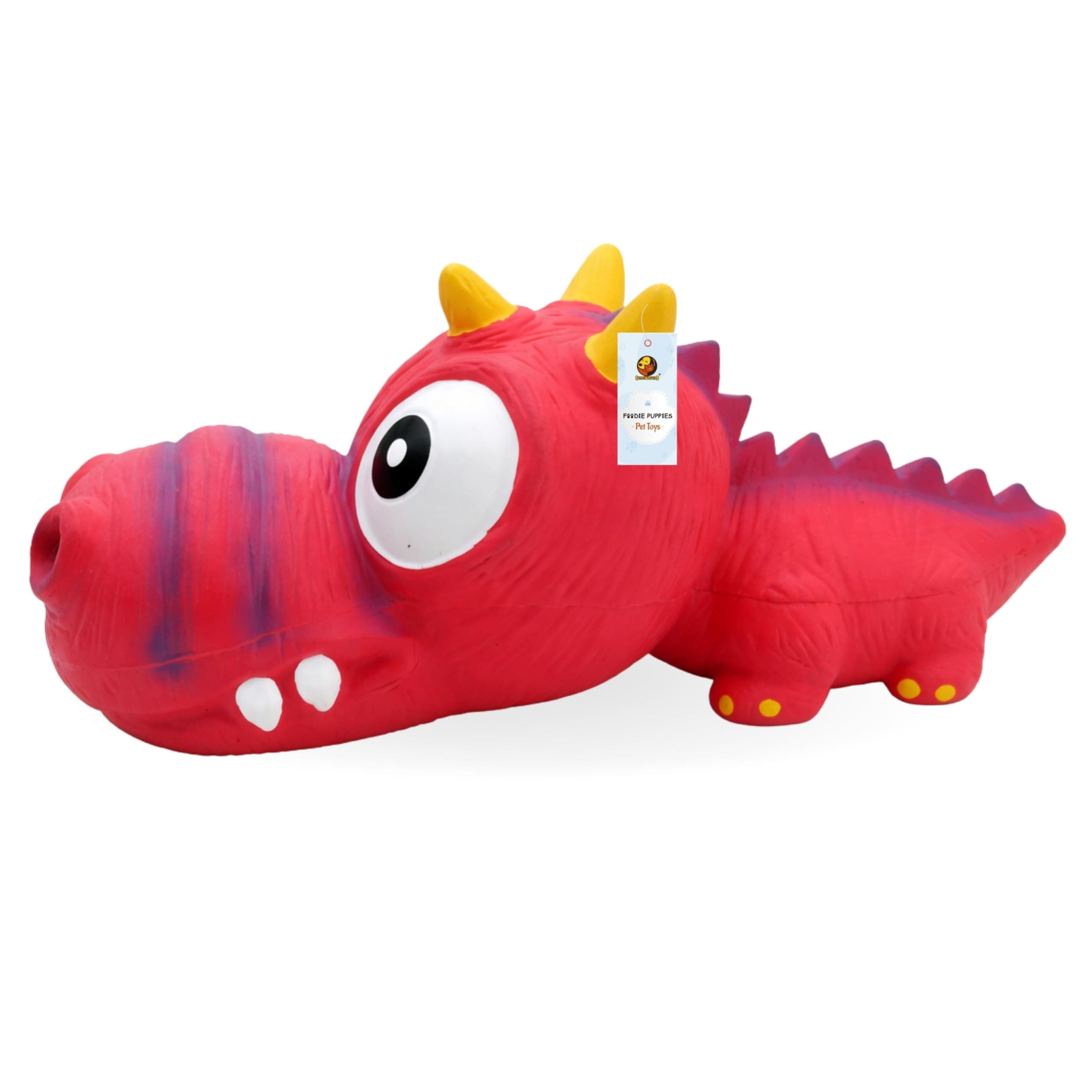 Foodie Puppies Dog Squeaky Chew Latex Rubber Toy - (Red Dino) | for Small Dogs & Puppies | Durable, Soft, Animal Design, Fetch & Chew Safe Play Toy | Reduce Separation Anxiety (Size: 21cm)