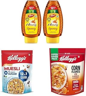 Dabur Honey Squeezy Pack 1400g (700g) || Kellogg's Muesli 0% Added Sugar 500 G || Kellogg's Corn Flakes Real Almond Honey 1kg