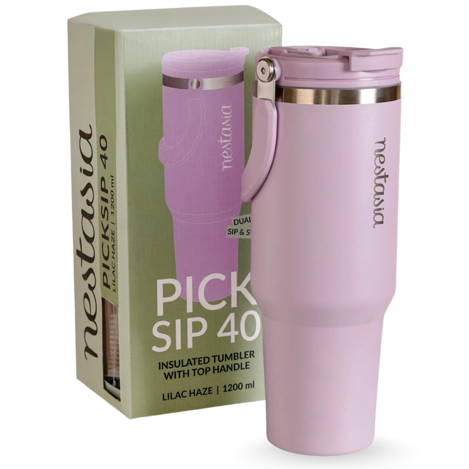 Nestasia PickSip40 Tumbler with Straw & Top Handle 1.2L | Insulated Stainless Steel Sipper Water Bottle for Adults with Dual Flip Opening Sip-Swig Leakproof Lid for Office & Gym (Lilac Haze)