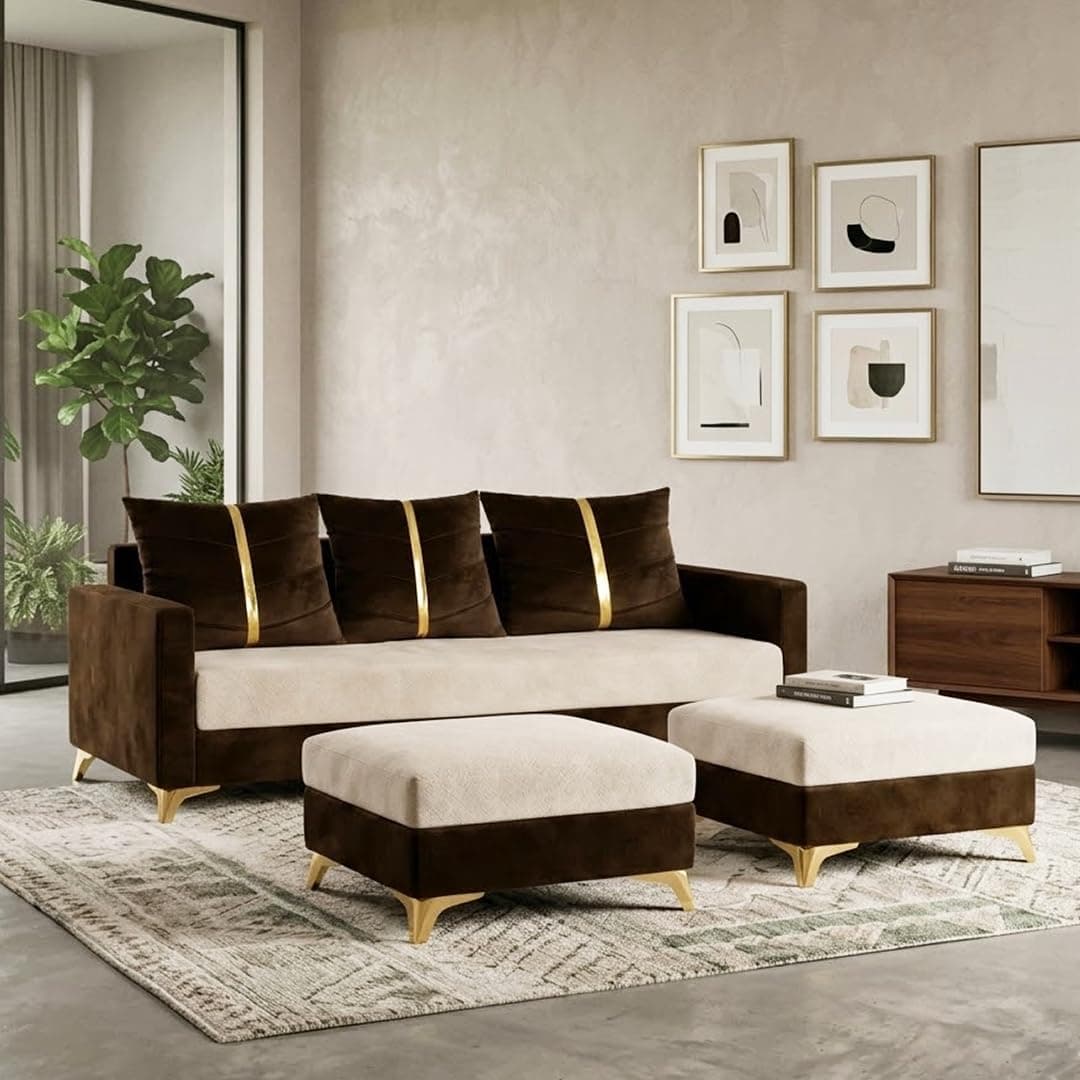 PLUSHMATE Caviar 5 Seater L Shape Sofa Set with 2 Movable Ottomans | Flexible Layout | Luxury Velvet Suede Fabric | Modern Living Room Sofa | Dark Brown-Cream
