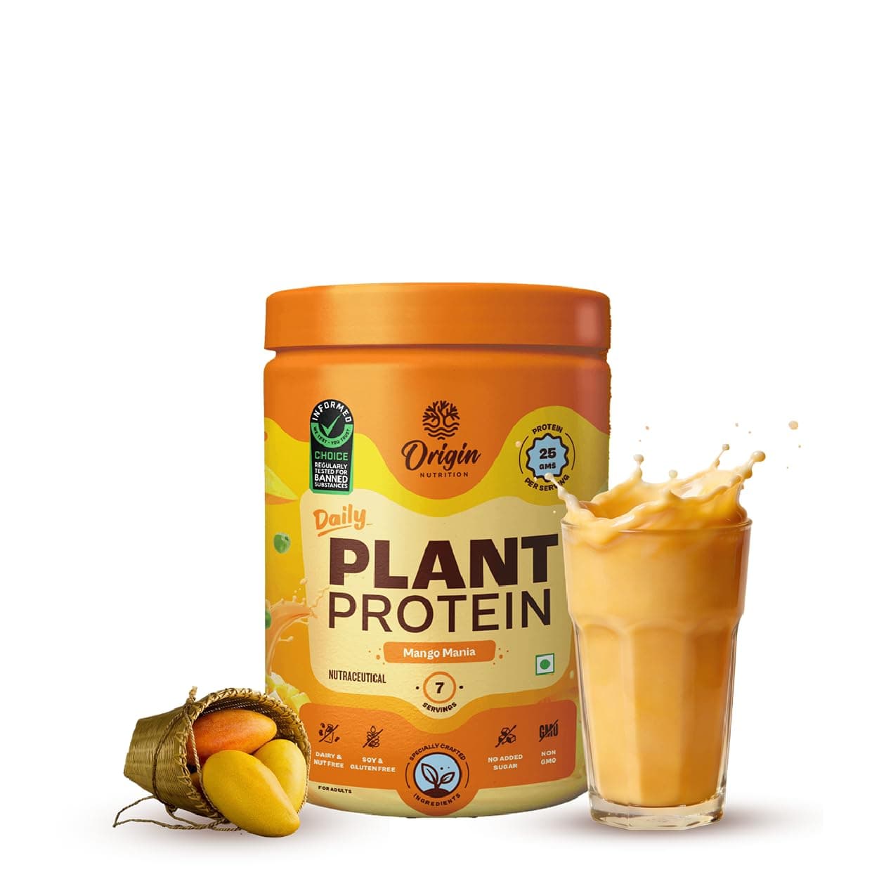 Origin Nutrition Vegan Plant Protein Powder, Mango Mania Flavour with 25g per serve Plant-Based Protein, Gluten Free, Soy Free, Dairy Free, No Added Sugar, Soy Free, Non - GMO, 7 Servings, 288g