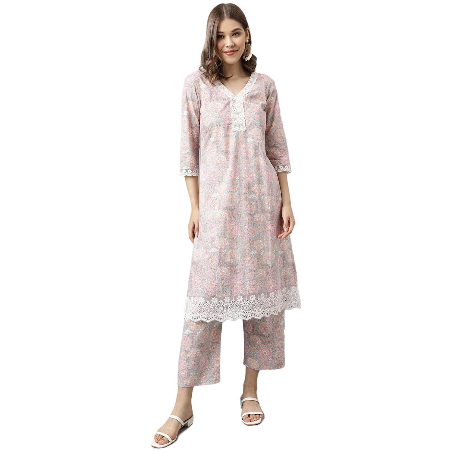 FIORRA Women's Pink Cotton A-line Kurta with Pant