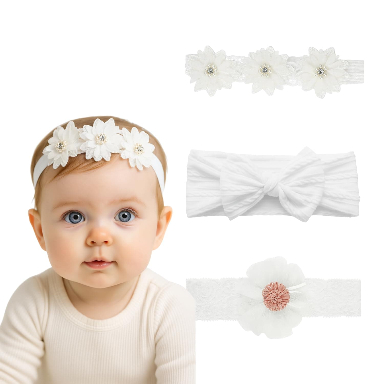 ANNA CREATIONS 3 Pcs Baby Headbands – Soft Flower & Bow Shape Hair Bands for Baby Girls & Boys – Comfortable Elastic Patti Hair Accessories for Infants, Newborns & Toddlers