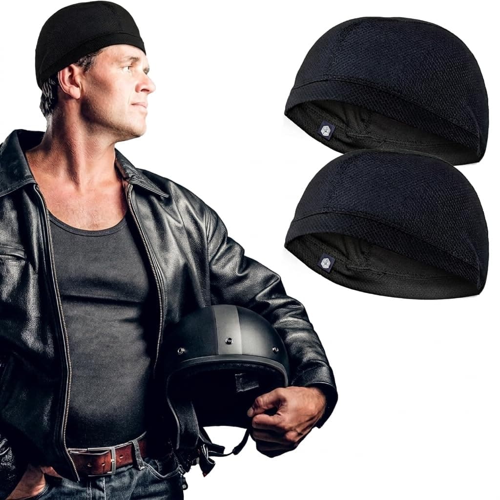 Boldfit Helmet Skull Caps for Men Bike Cotton Head Caps for Men Hair Inner Helmet Cover Cap for Bikers Sweat Cooling Skull Cap for Cycling, Skull Cap for Summer Helmet Cap for Men - Black Pack of 2