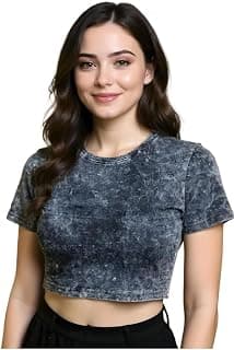 boffi ... Women's Acid Wash Crop Top, Short Sleeve, Casual T-Shirt, Black