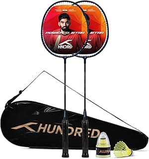 Hundred Powertek Star Badminton Racket Set – 2 Strung Rackets with Full Cover & 2 Nylon Shuttlecocks | Lightweight, Durable, Ideal for Beginners & Match Play