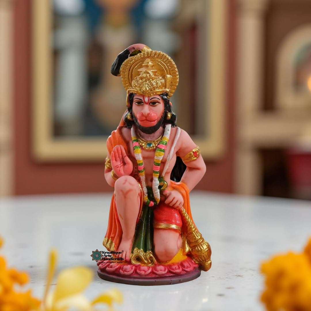 KRAAFTIQUE Marble Hanuman Murti Idol with Golden Border - Handcrafted Devotional Statue for Home Temple, Office, Car Dashboard - Vastu Decorative Showpiece (Natural, 14 CM)