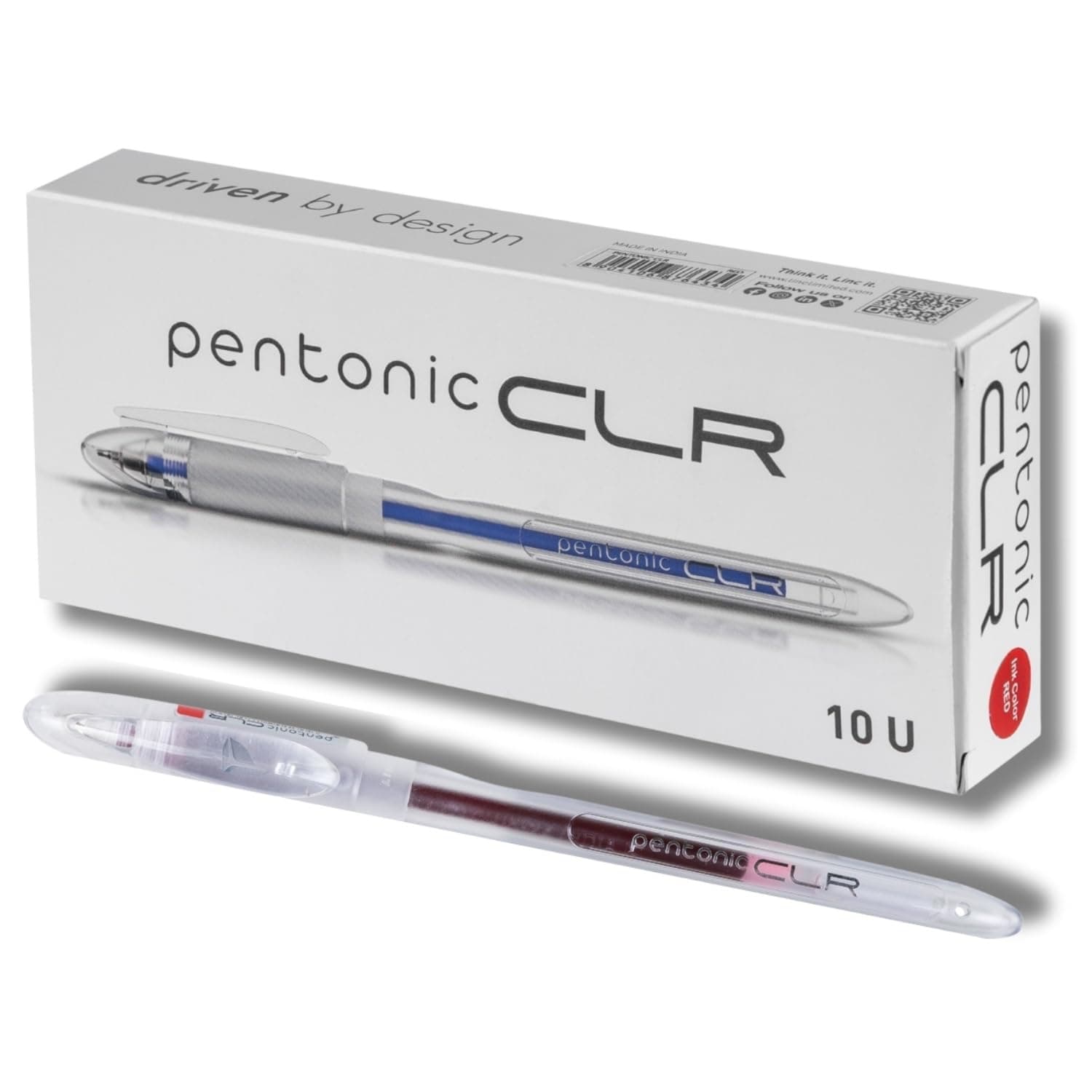 Pentonic 0.7mm CLR Ball Pen | Transparent Body, Red Ink (Pack of 10)