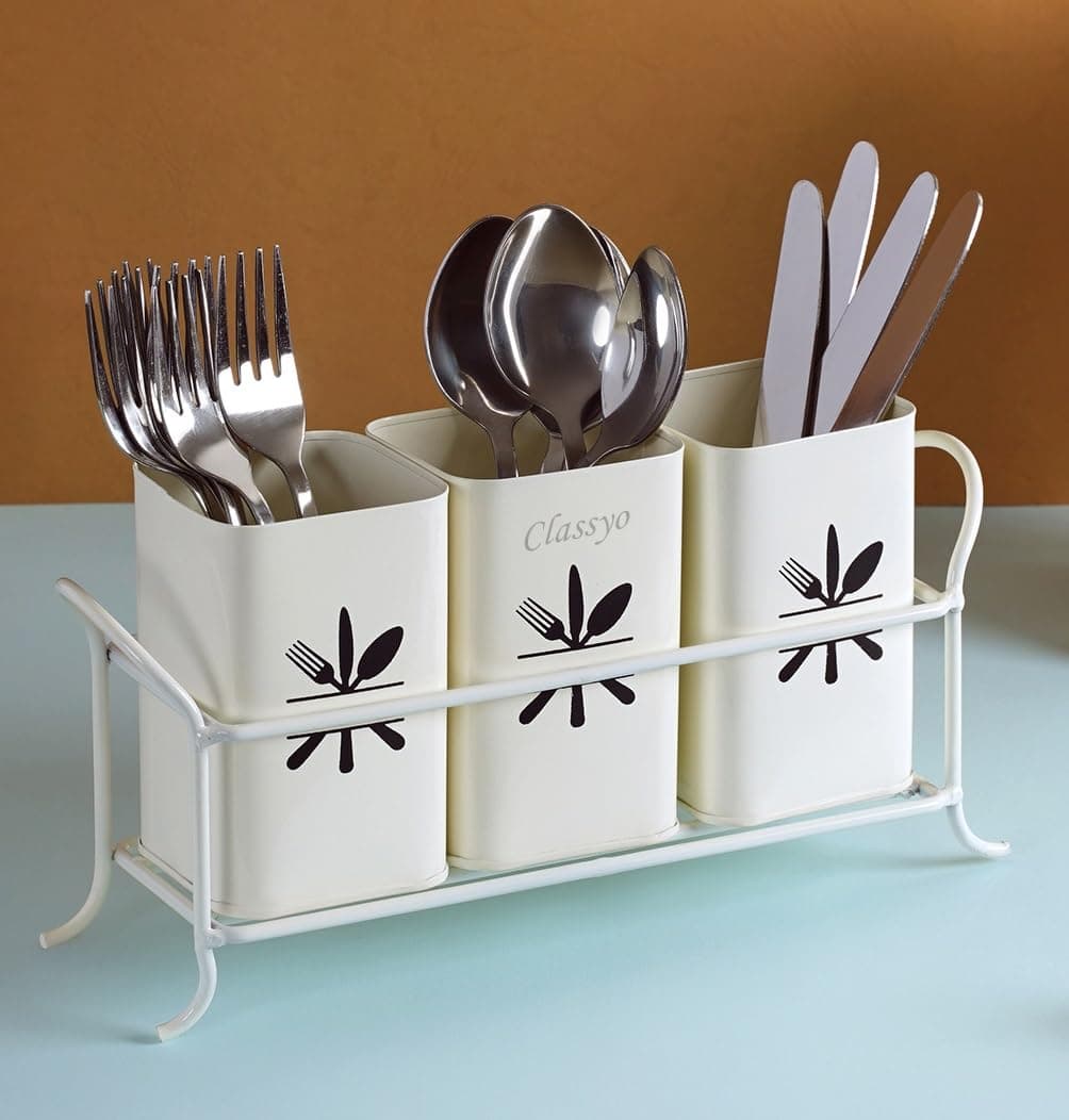 Classyo Metal Cutlery Holder For Dining Table | Cutlery Stand & Spoon Stand for Dining Table Fancy | Spoon Holder for Kitchen Counter Top | Kitchen Cutlery Organizer (10 x 3 x 6 inch) (Ivory)