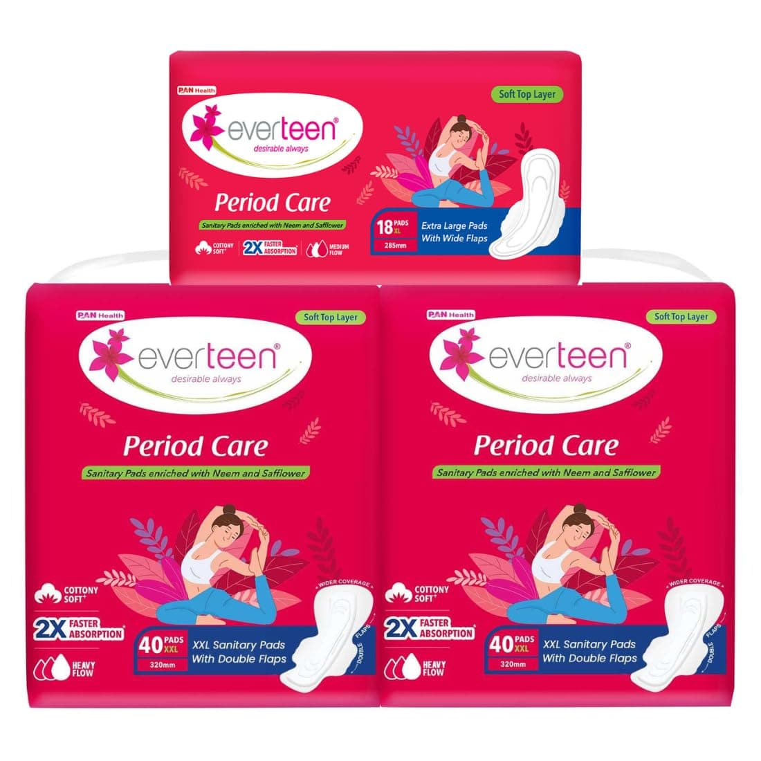 everteen Sanitary Napkins for Women (98 Pads), Combo Offer Pack Buy 80 Pads Get 18 Pads, Cottony Soft Rash Free Sanitary Pads for Heavy Flow with Neem and Safflower