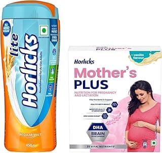 Horlicks Mother's Plus Vanilla 200g Refill, Protein Powder for Pregnancy, Breastfeeding with DHA & Horlicks Lite 450g, Scientifically designed for Adults High Protein, Malt Flavor