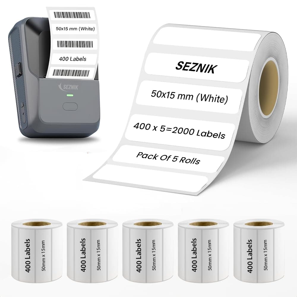 SEZNIK Sticky Thermal Lables, 50mmx15mm Label Roll Paper, 2 inch Self-Adhesive Thermal Paper for Mini Thermal Printer, POS, Receipt Machine (Pack of 5 Rolls), 2000 Labels