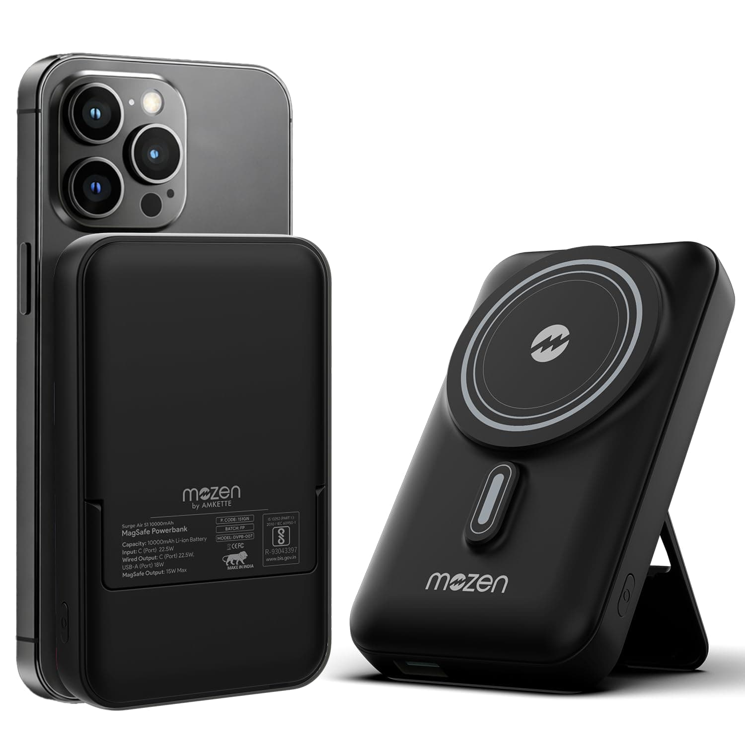 Mozen by Amkette Surge Air S1 10000mAh Power Bank | MagSafe Power Bank Fast Charging | 22.5W USB-C Input/Output + 18W USB-A | 15W Qi Wireless for Android & 7.5W iPhone12 & Above | 1 Year Warranty