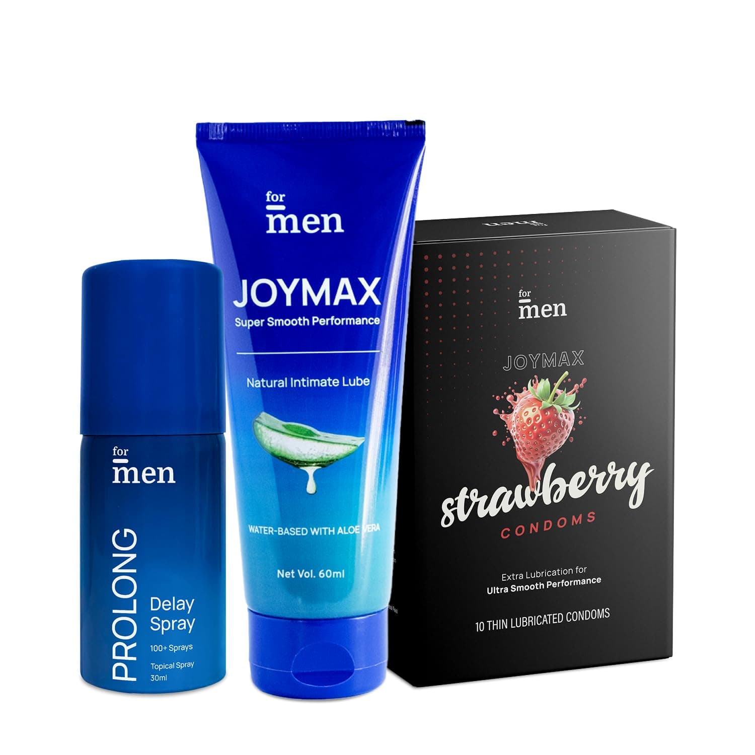 ForMen JOYMAX Strawberry Flavored Extra Lubricated Condoms (10 sheets) with Prolong Spray (30ml) and Water-Based Intimate Lube Gel (60ml) with Aloe Vera Combo