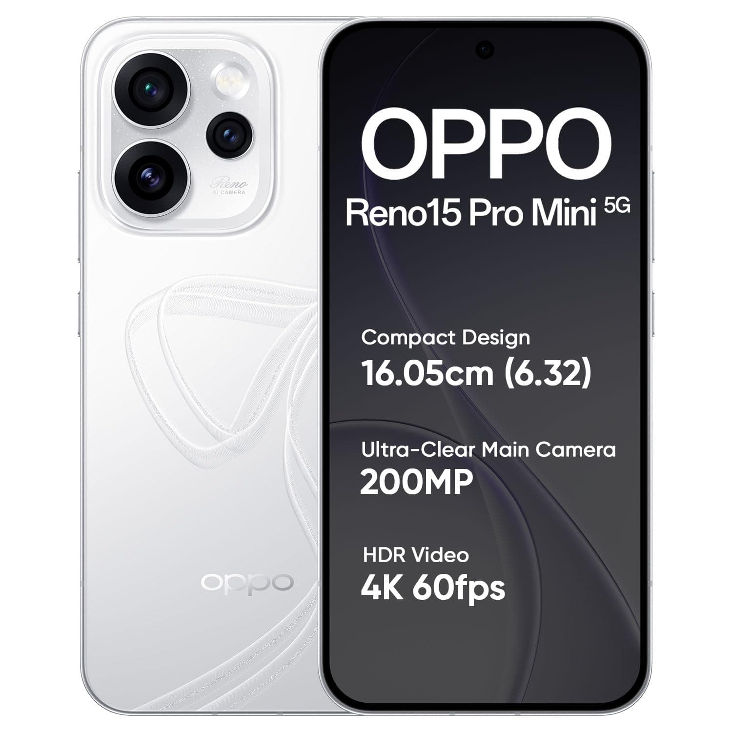 OPPO Reno15 Pro Mini 5G Smartphone 12+512GB White, 6.05-inch Screen 120Hz AMOLED Display, 6200mAh Battery, 80W Fast Charging, 50MP & 200MP Camera, MediaTek Dimensity 8450 Platform, IP69
