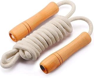 Wooden Jumping Skipping Rope | Unisex | Brown Handle | White Rope | Exercise & Fitness & Workout |