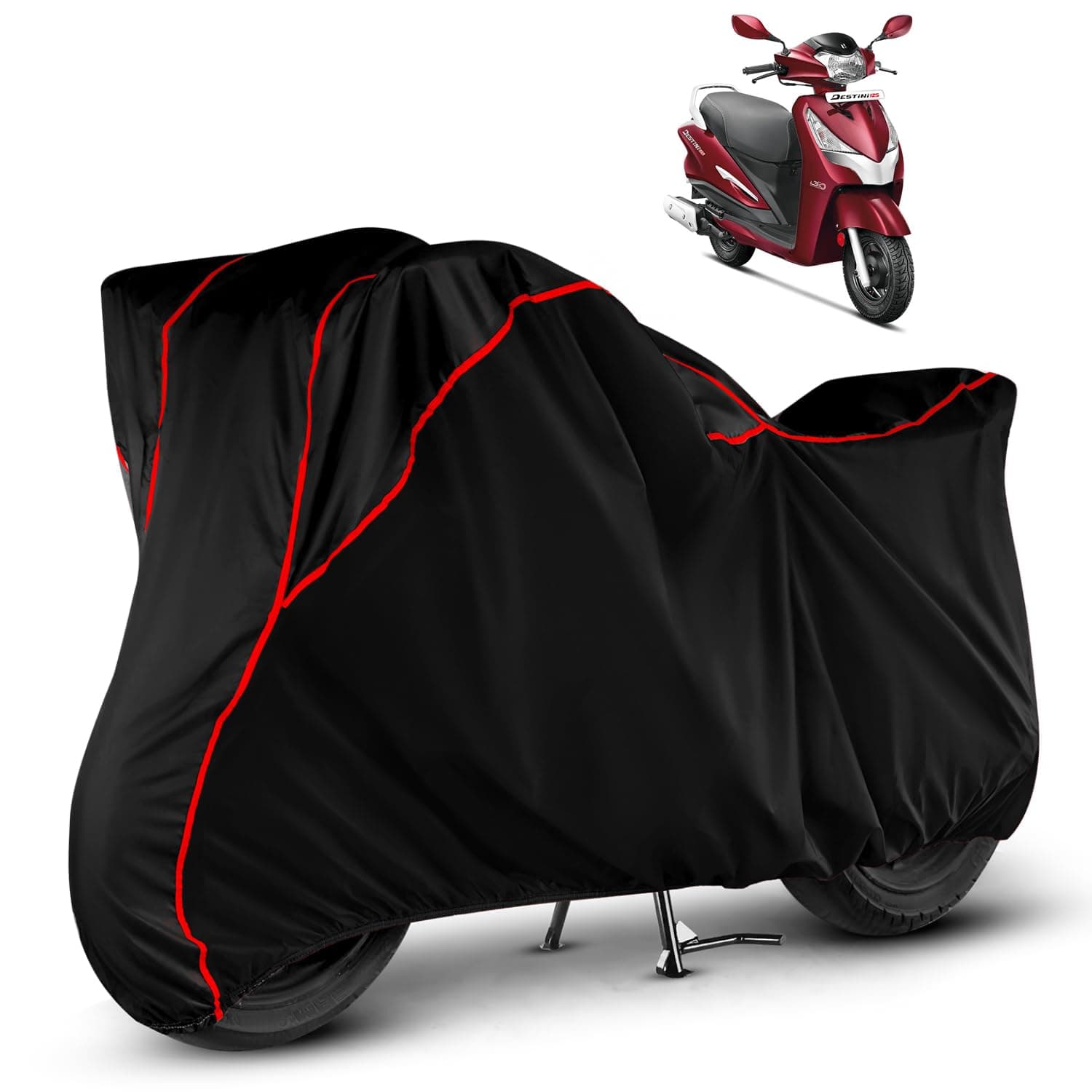Heavy Duty Waterproof Scooty Cover for Hero Destini 125 | All Weather Protection from Rain, Dust, Sun & Scratches | Universal Fit for All Bike & Scooty | Black Red Piping | Destini 125 Scooty Cover