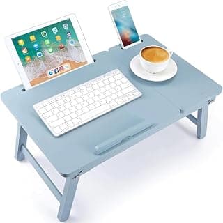 WOOYNEX Wooden Laptop Table Standard Adjustable Study Table with Laptop, Portable Lap Desk, Multifunctional Bed Table with Drawer and Folding Legs (Sky Blue)