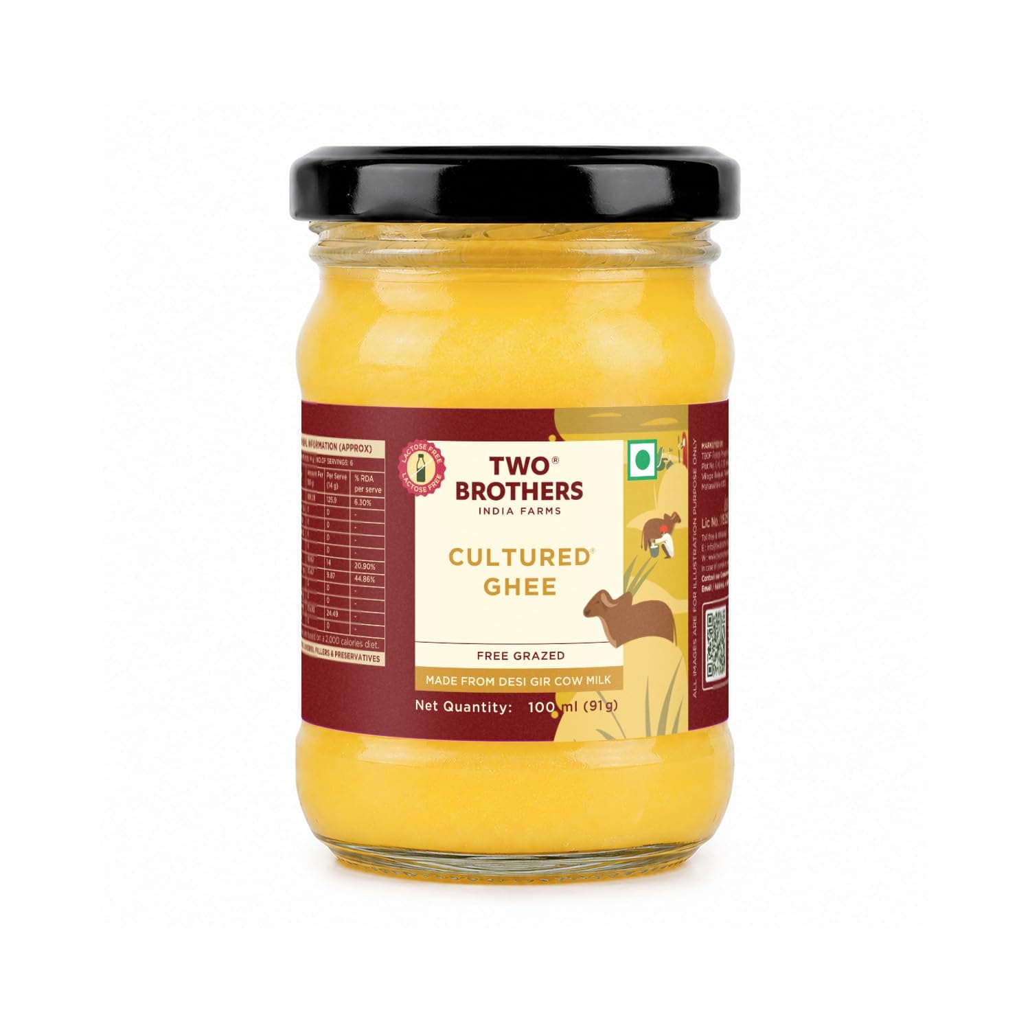 Two Brothers Pure Desi Gir Cow Cultured Ghee 100 ml | Free-grazed Desi Gir Cows | Bilona Method | Farm-Made with Probiotics for Gut Health | India's only Certified Glyphosate-Free ghee