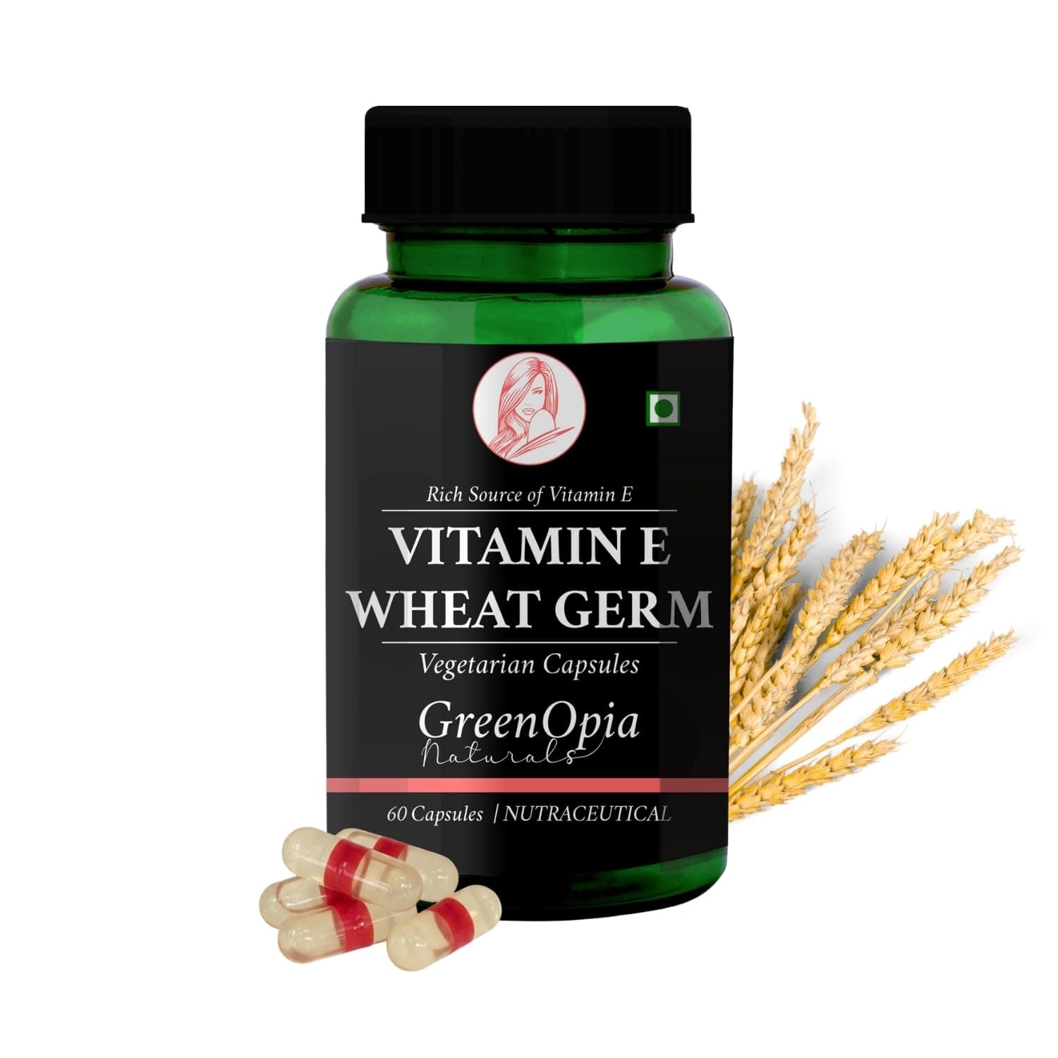 GreenOpia Vitamin E with Wheat Germ Oil | 60 Veg Capsules | Antioxidant | 60 Vegetarian Capsules, Antioxidant Supplement, Supports Skin Health, Immunity & Heart Wellness, For Men & Women