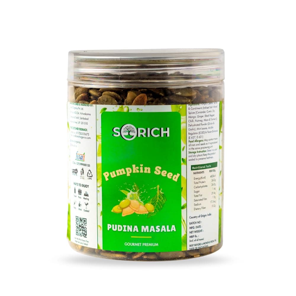 Sorich Organics Pudina Flavored Pumpkin Mint Roasted Seeds | Savory Mint Seeds Healthy Snack | Crunchy Pudina Pumpkin Seeds Snack| 300 gm