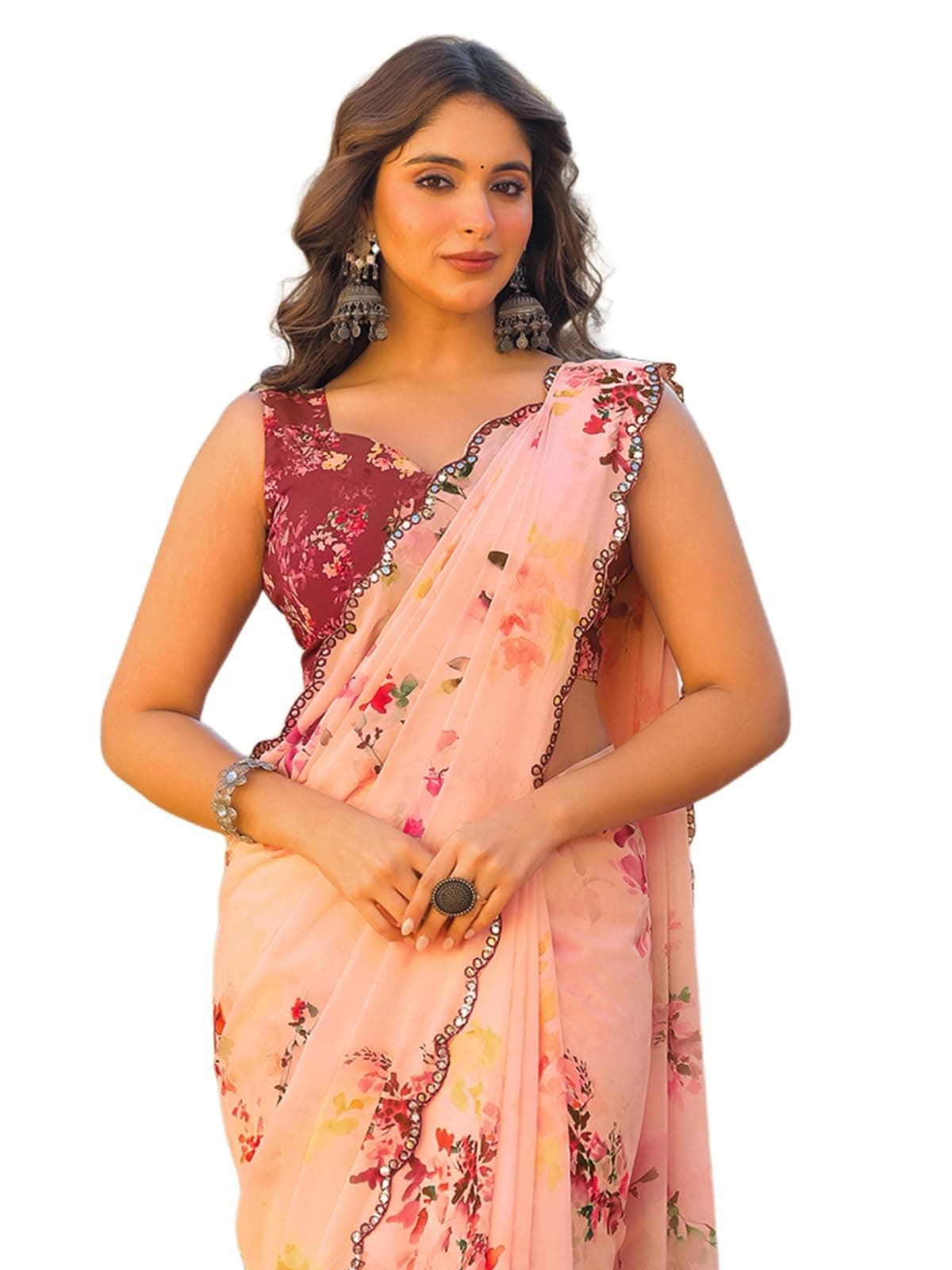 Satrani Women's Georgette Mirror Work Printed Saree with Unstitched Blouse Piece