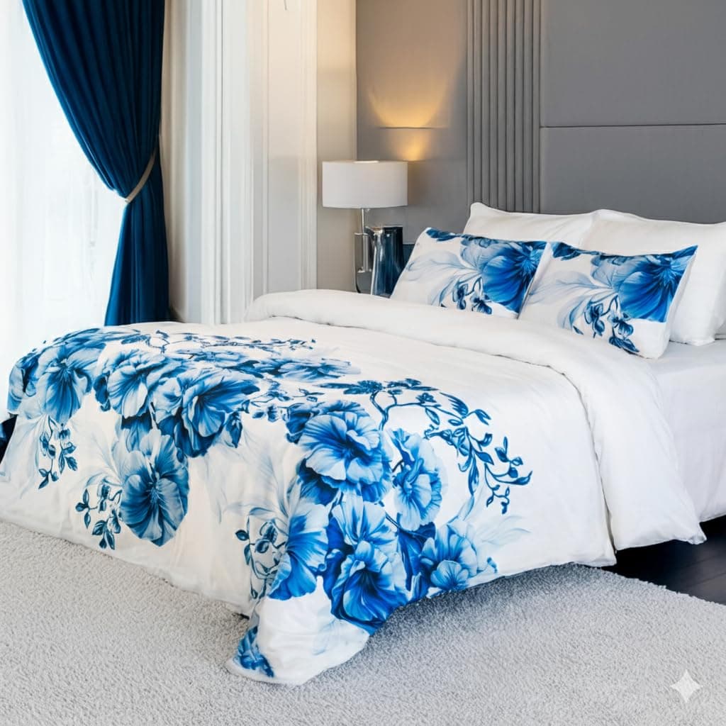 RUSTIQUE LINENS | Digitally Printed with Reactive Ink Tech | 300 TC 100% Organic Cotton Premium Bedsheet Set | Ultra-Soft Satin-Like Finish - Floral Azure Blue