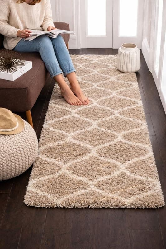 DEZORA Modern Shaggy Carpet & Fluffy Soft Rug (2 Inches Thickness) for Living Room Bedroom Kids Room - Plush Thick Area Rug | Cozy Carpet - Modern Decorative Floor Mat(1.5x4 Feet Beige Mandir)