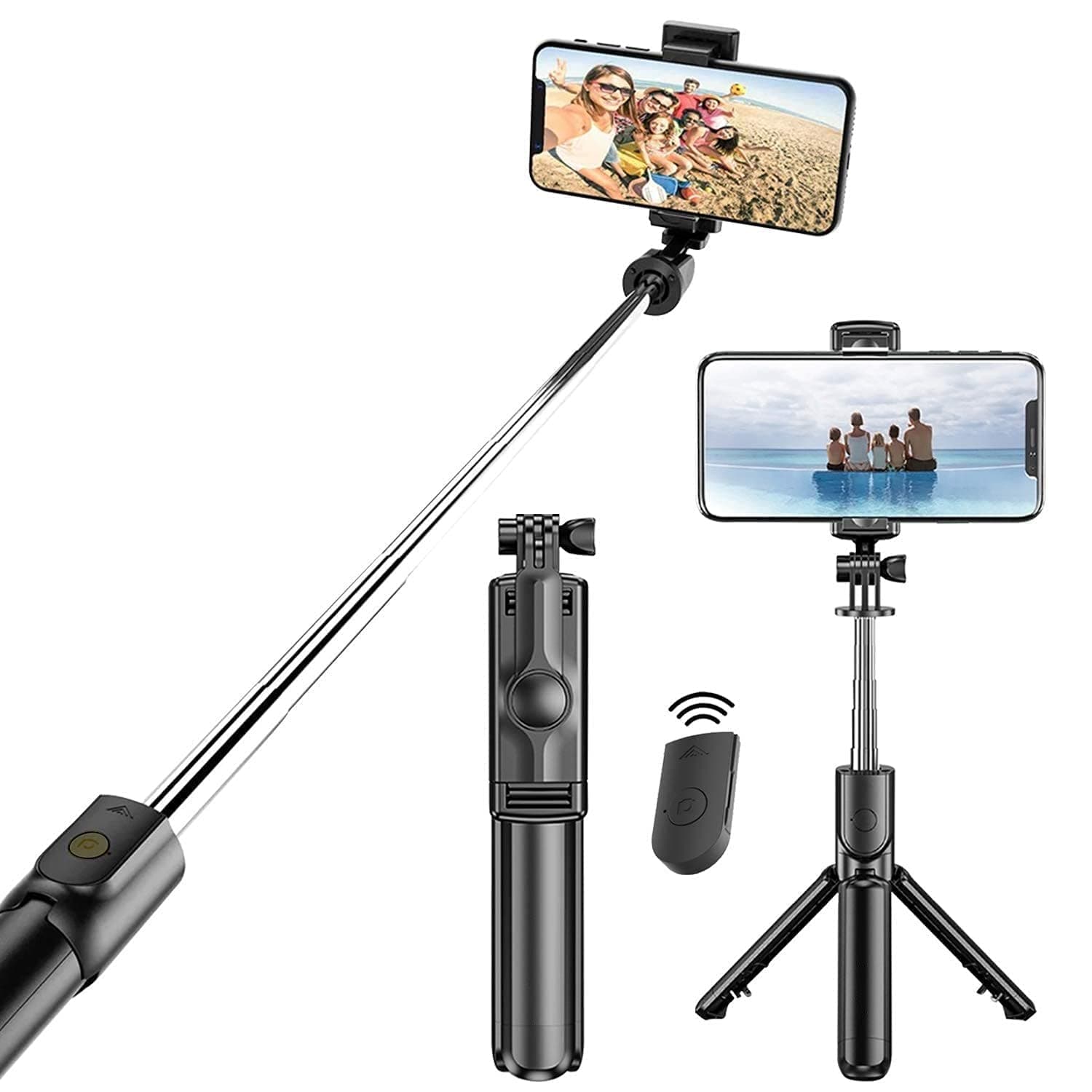 Hold Up Extendable Selfie Stick with Bluetooth & Tripod Stand, Detachable Wireless Remote, Ultra Compact for Mobile & All Smart Phones (Black) Pack of 1