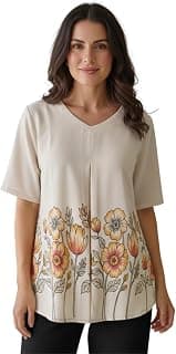 Bollyclues Women’s Floral Printed Top | Soft Polycotton V-Neck Short Sleeve Tunic for Casual & Office Wear | Comfortable Ladies Top