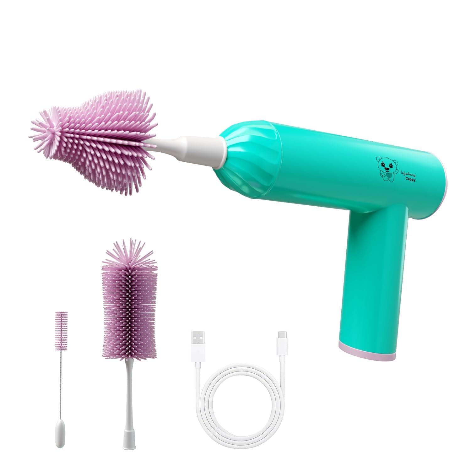 Lifelong Cuppy Electric Bottle Cleaner Brush | Soft Silicone Bristles | Rechargeable, Baby Feeding Bottle Nipple Brush | Ideal for All Bottles, Straws, Corners | Easy to Clean | Removes Oil, Pink