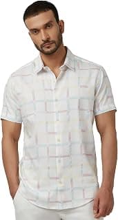MUFTI Men Casual Shirt | Slim Fit Half Sleeve Spread Collar Checkered Design | 100% Cotton & Breathable Fabric for Smart Casual & Vacation Wear