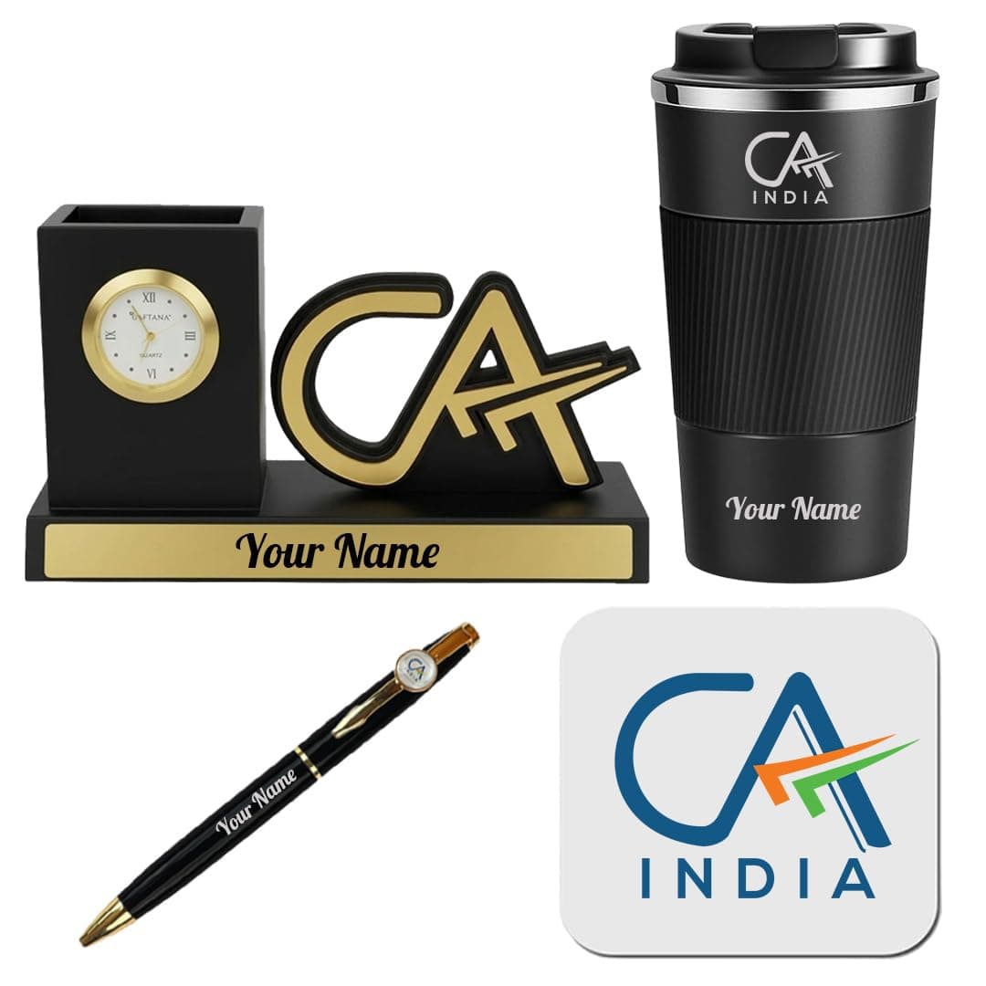 Giftana 4 in 1 Personalized CA Desk Combo with Pen, Premium Pen Stand with Watch, 510ml Coffee Tumbler & Coaster Set – Elegant Gift for Chartered Accountants, Office Desk Accessories for Men