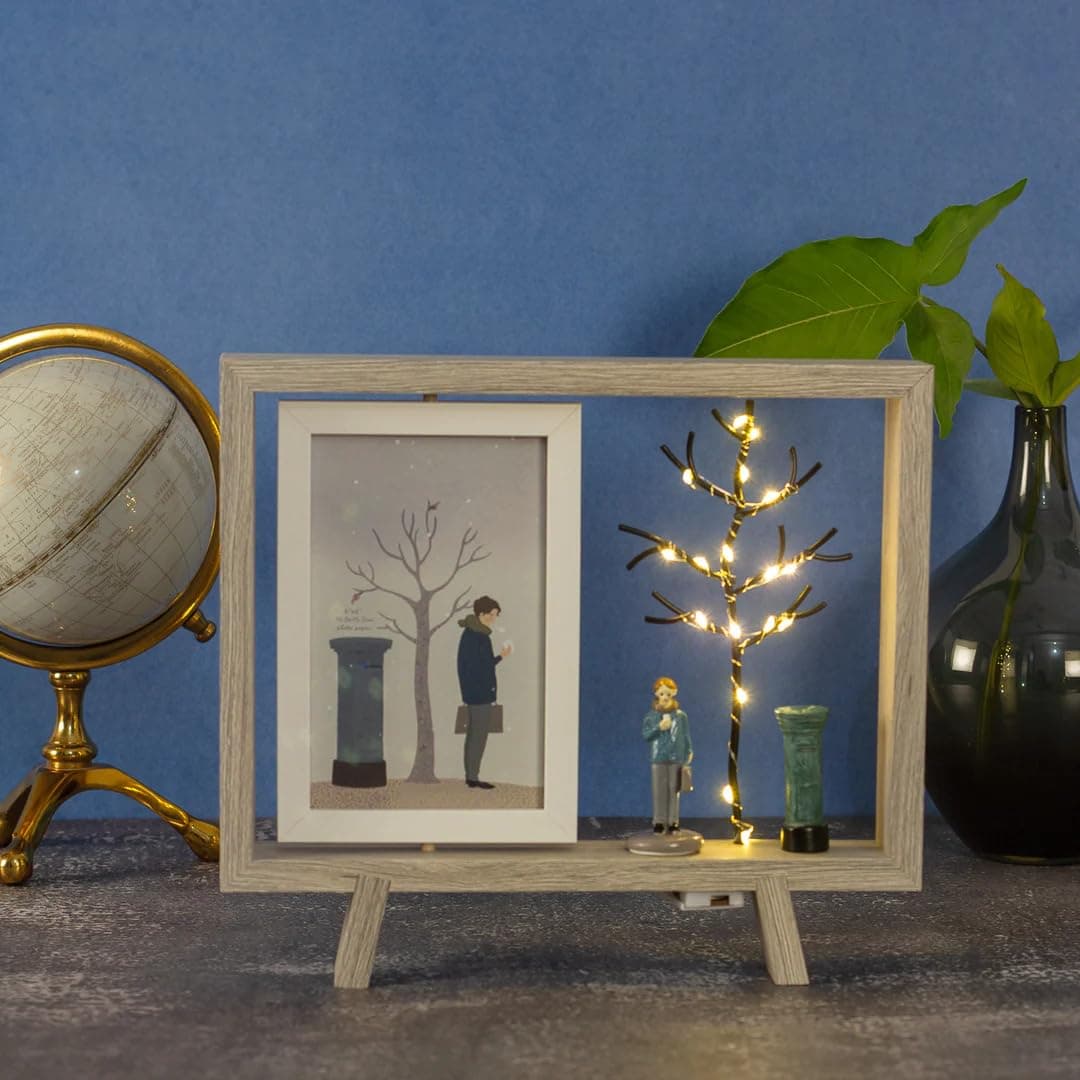 The Decor Wick- Dual Photo Frame with LED Light – Tree Style Decorative Tabletop Photo Frame | Family Picture Display with Warm LED Illumination for Home, Living Room & Gifting